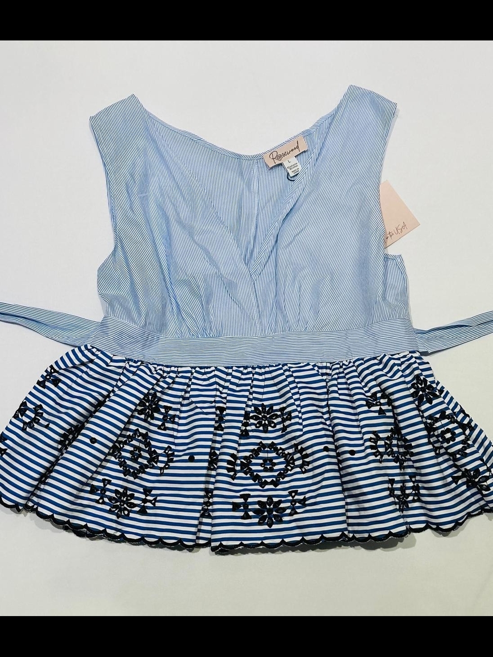 NWT Rosewood Striped Blue & White Peplum Tank with Black Embroidery